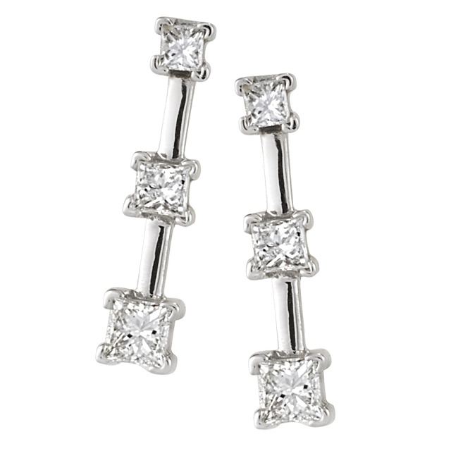 Three Stone Princess Cut Diamond Earrings