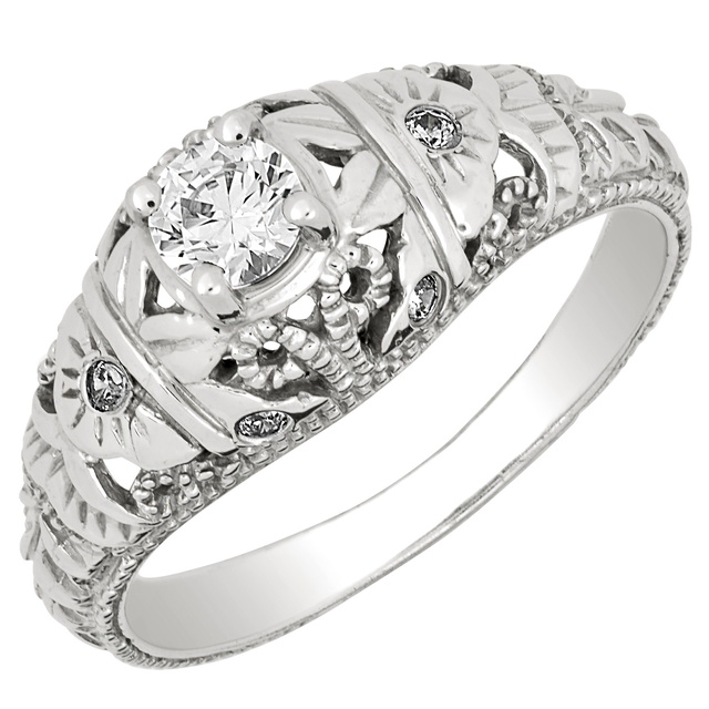 Diamond Antique Ring with .25 CT Mine Cut Center Diamond and .06 CT T.W. Mine Cut Side Diamonds