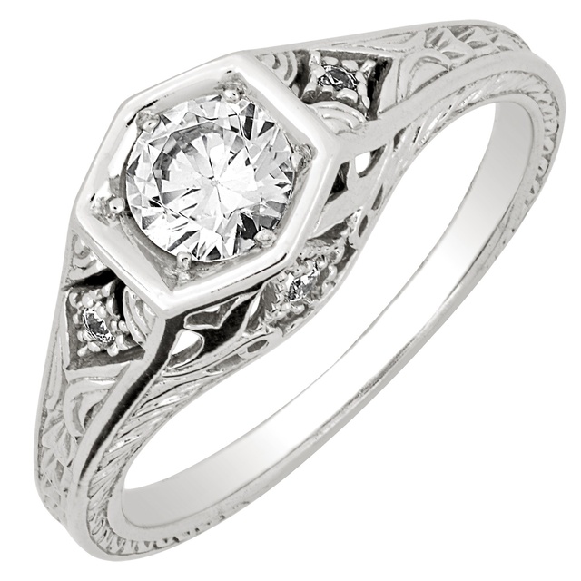 Diamond Antique Ring with .50 CT Mine Cut Center Diamond and .06 CT T.W. Single Cut Side Diamonds
