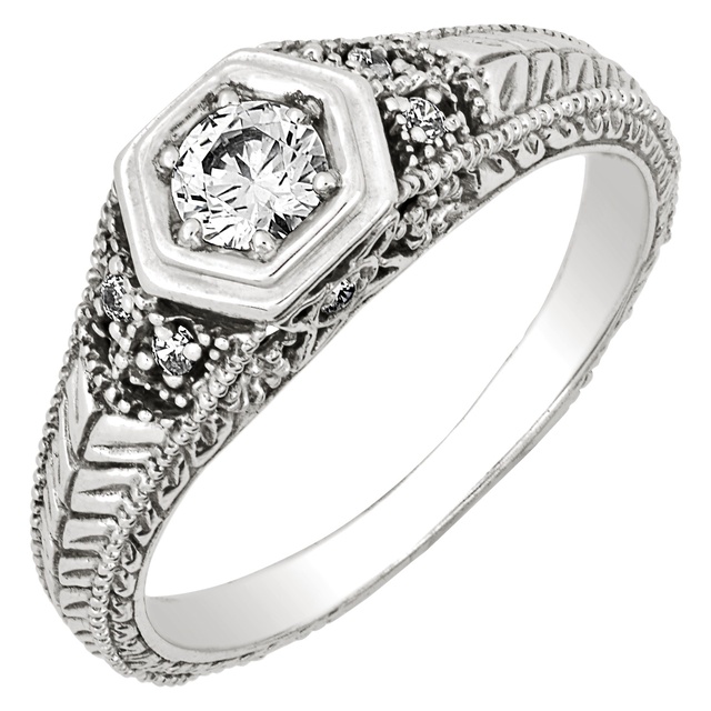 Diamond Antique Ring with .25 CT Mine Cut Center Diamond and .06 CT T.W. Single Cut Side Diamonds