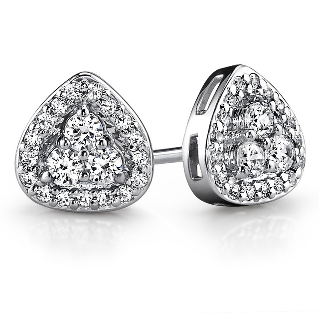 DIAMOND HALO EARRINGS WITH THREE DIAMOND CENTER