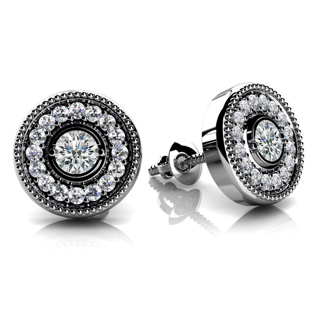 DIAMOND HALO MILGRAIN EARRINGS WITH BEZEL SET CENTER DIAMONDS