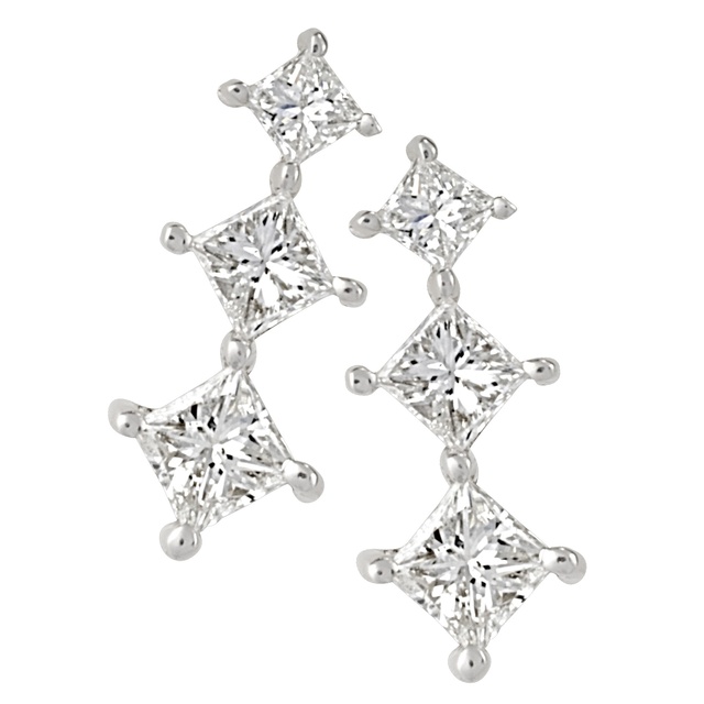 Three Stone Princess Cut Shared Prong Diamond Earrings
