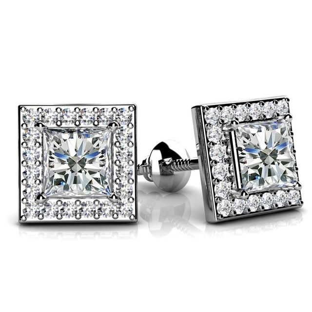 DIAMOND HALO PRINCESS CUT EARRINGS