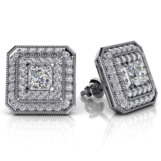 PRINCESS CUT DIAMOND HALO EARRINGS