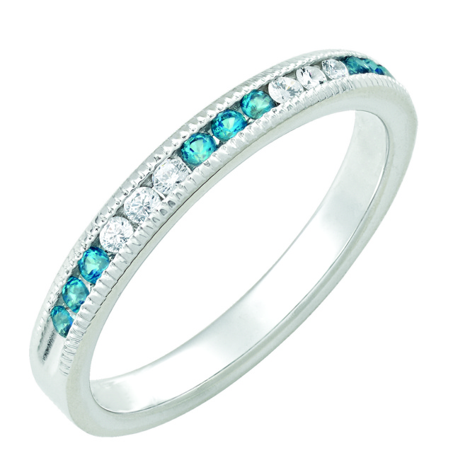 6 Diamond And 9 Blue Topaz Machine Set Band With Milgrain