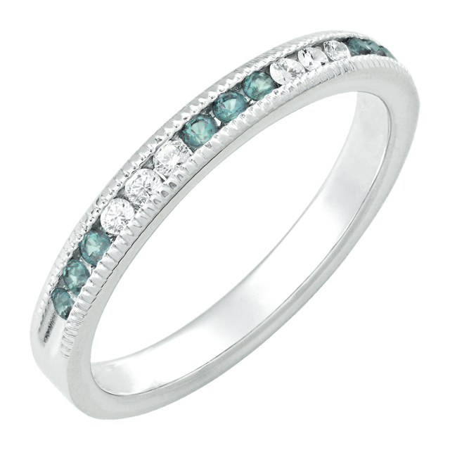 6 Diamond And 9 Aquamarine Machine Set Band With Milgrain