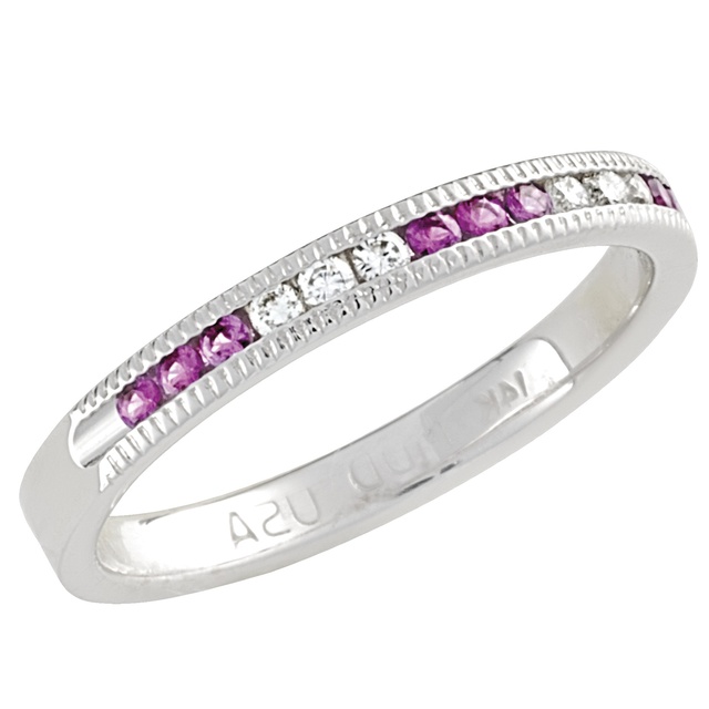 6 Diamond And 9 Pink Sapphire Machine Set Band With Milgrain