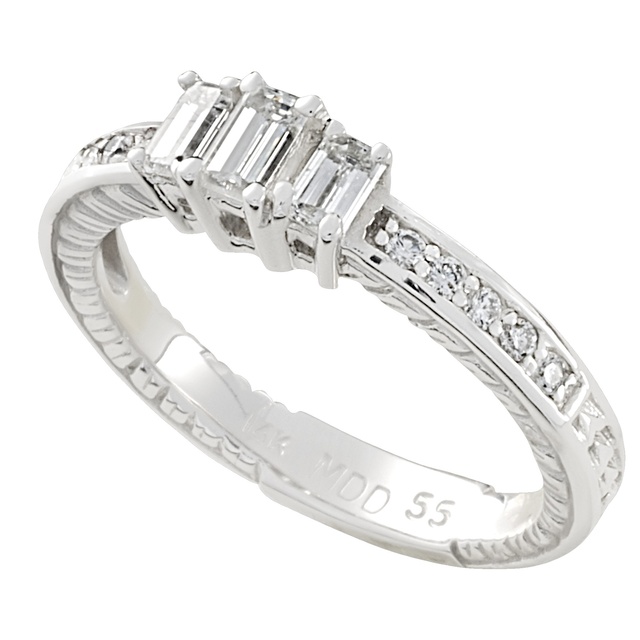 Three Stone Emerald Cut Diamond Ring With Side Diamonds And Engraving