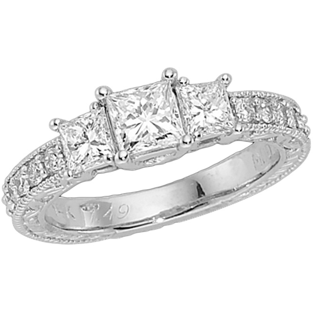 Three Stone Princess Cut W/ Side Diamonds & Engraving