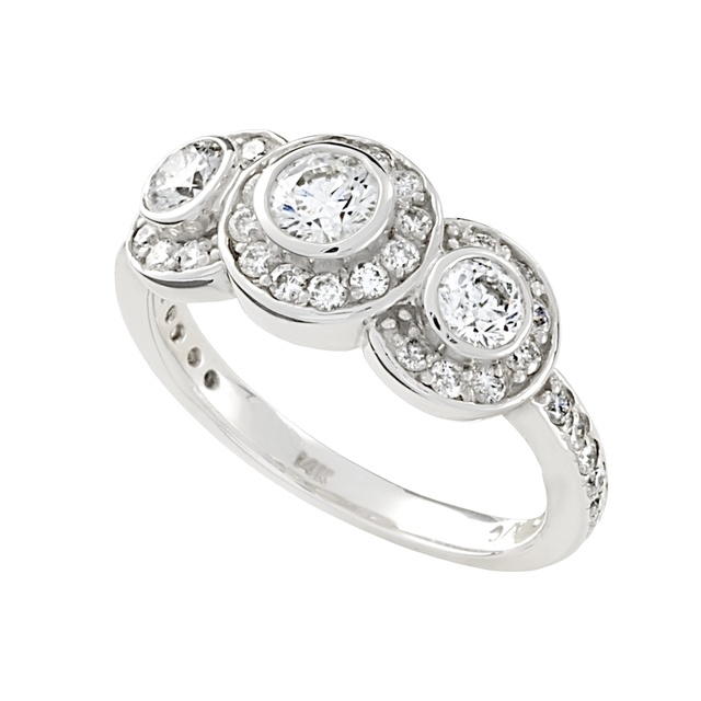 Bezel Set Three Stone Diamond Ring With Diamonds Surrounding